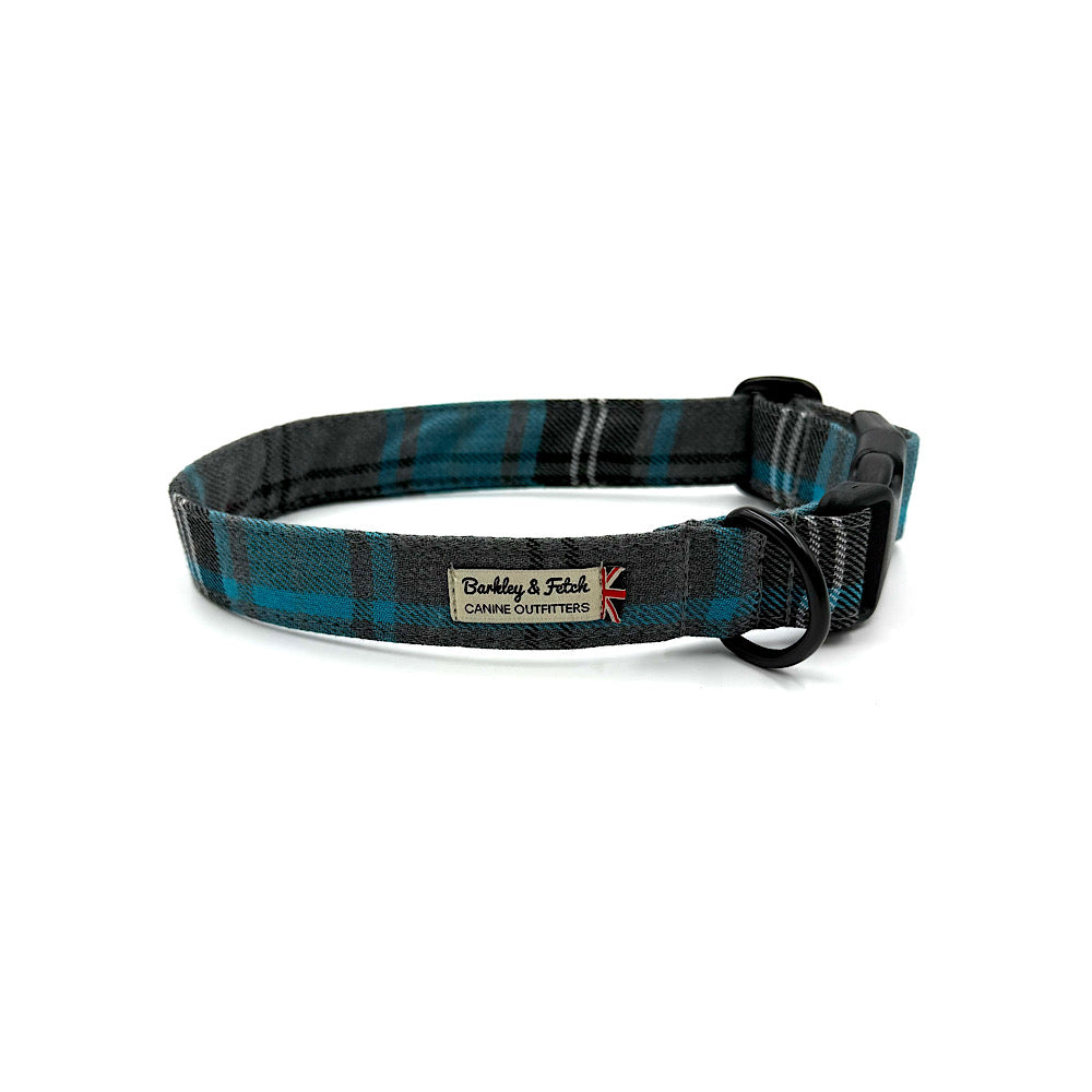 Barkley &amp; Fetch Turquoise/Grey Tartan Dog Collar