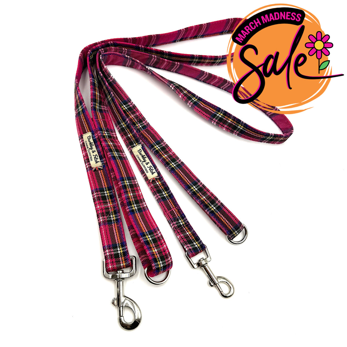 Barkley &amp; Fetch Bright Pink Tartan Dog Lead
