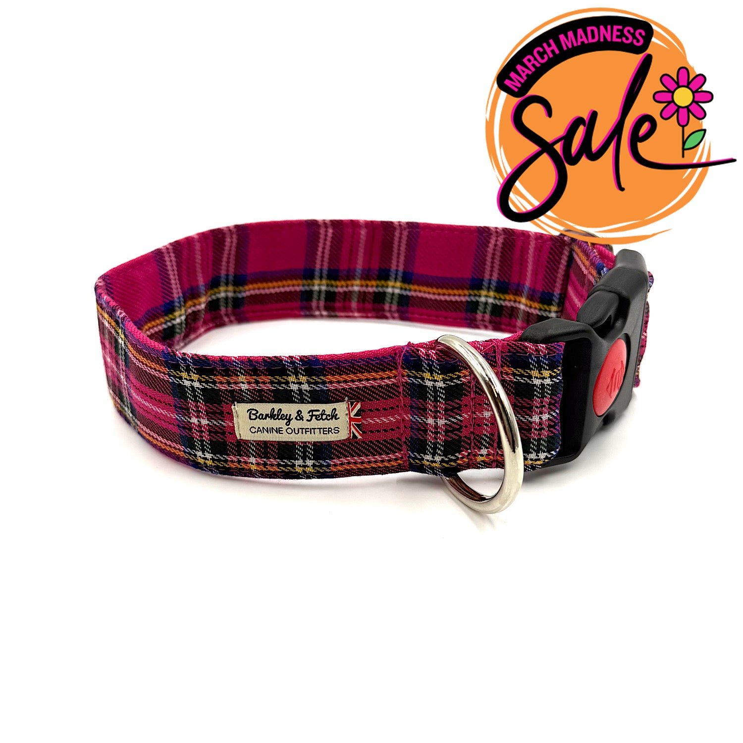 Barkley & Fetch Bright Pink Tartan Wide Dog Collar