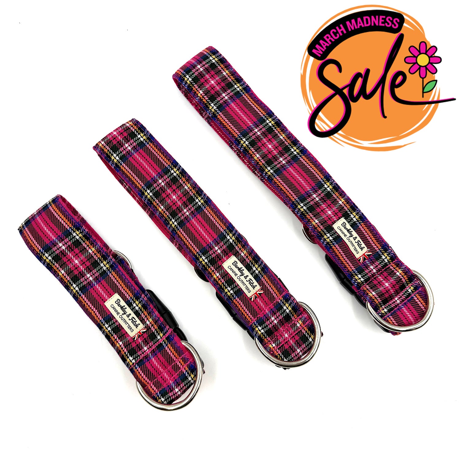 Barkley & Fetch Bright Pink Tartan Wide Dog Collar