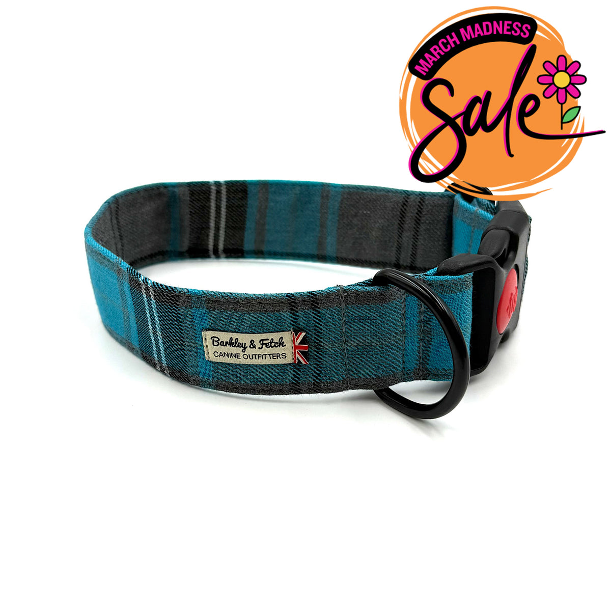 Barkley &amp; Fetch Turquoise/Grey Tartan Wide Dog Collar