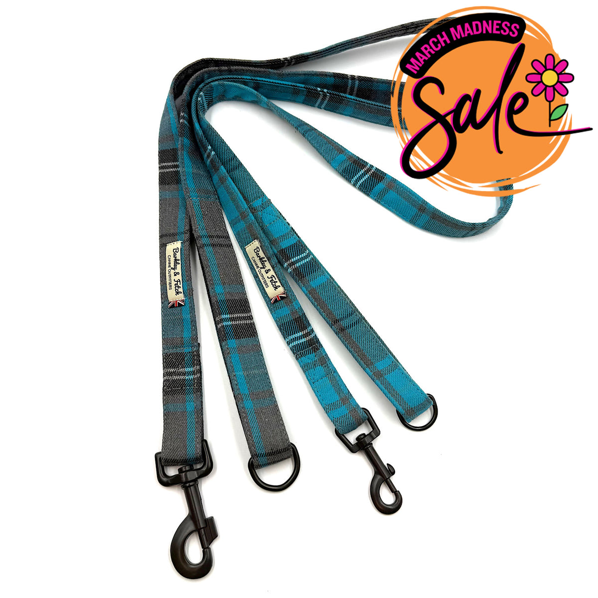 Barkley &amp; Fetch Turquoise/Grey Tartan Dog Lead