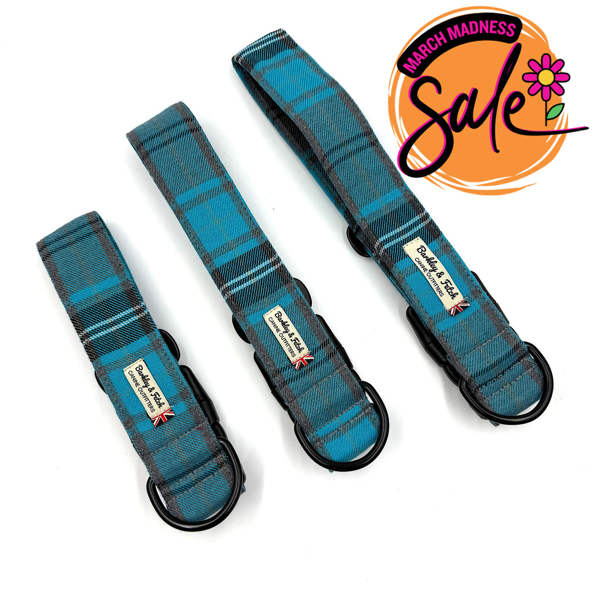 Barkley &amp; Fetch Turquoise/Grey Tartan Wide Dog Collar