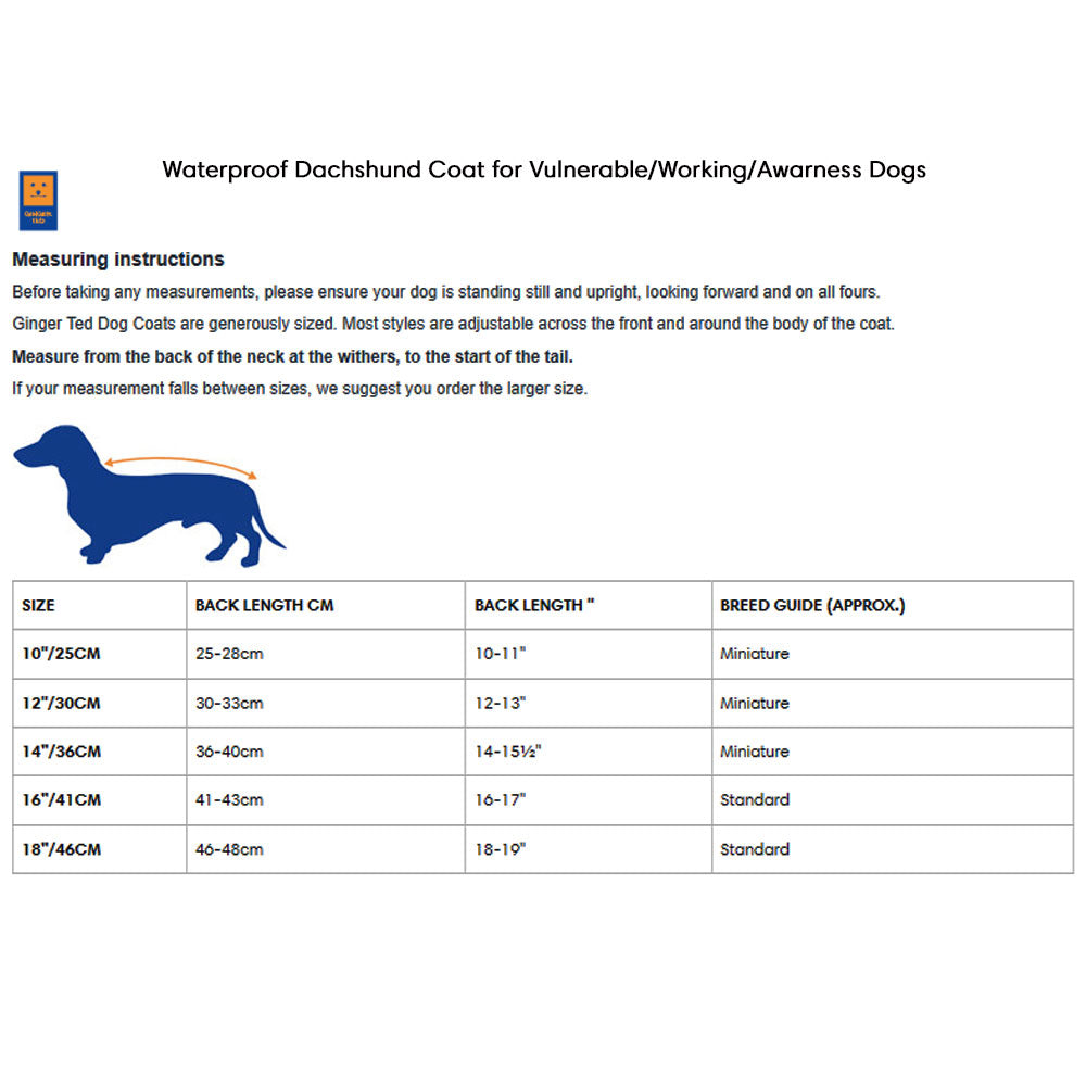 Waterproof Dachshund Dog Coat for Vulnerable / Working / Awareness Dogs